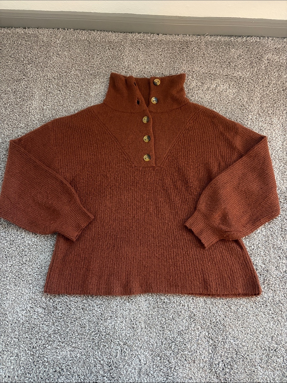 Brown Marled Button Mock Cowl Collared Neck Sweater
